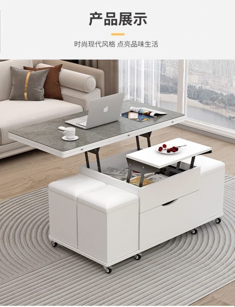 Compact Living Room Coffee Table | Rock Finish, Lift-Up & Foldable Sides