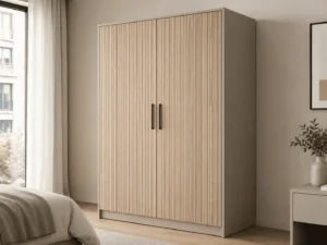 Wood slat wardrobe with light oak fluted panel doors for a modern bedroom