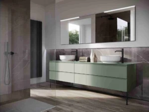 Double vanity sinks for bathrooms with a tall cabinet and mirror cabinet for extra storage