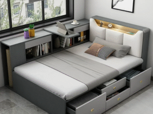 Space-saving multifunctional bed with wardrobe and desk combo, designed for compact city apartments and modern interiors.