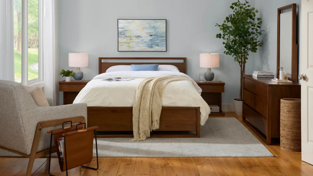 Modern plywood bedroom furniture set in a minimalist interior design.