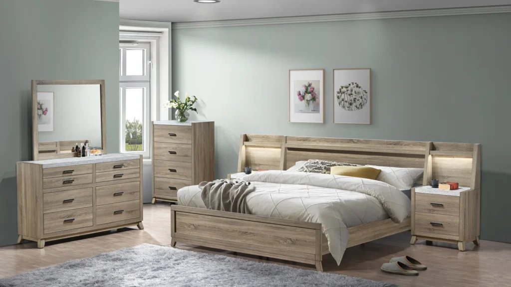 Storage bench with seating and storage compartments, perfect for space-saving in small bedroom designs.