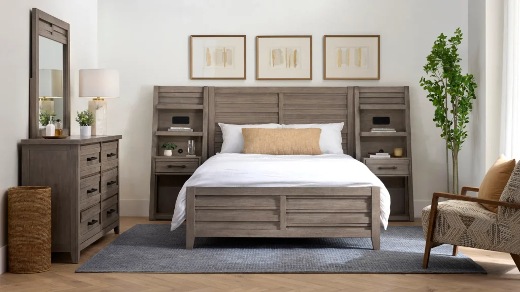 Wall-mounted storage solutions for bedroom furniture using multilayer board and OSB materials