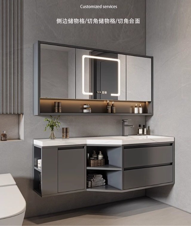 Bathroom vanity with tall cabinet installed in a small apartment bathroom