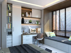Bay window bed with wardrobe and desk in a modern apartment bedroom