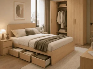 Bedroom furniture set with storage bed wardrobe and matching nightstands