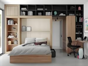 Modern bedroom furniture set with bed, storage shelves, desk, and sleek design