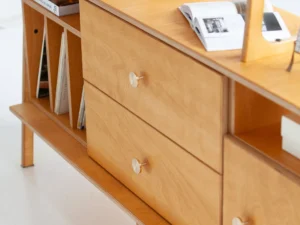Scandinavian-style plywood furniture with light tones and clean lines.