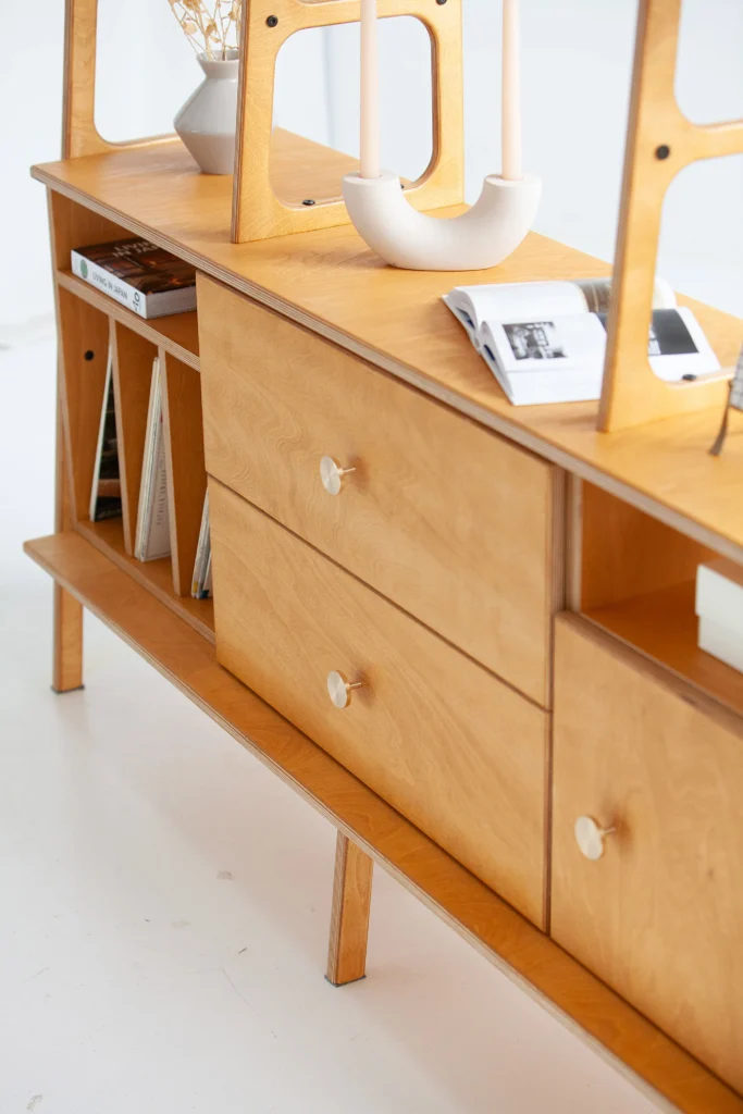 Scandinavian-style plywood furniture with light tones and clean lines.