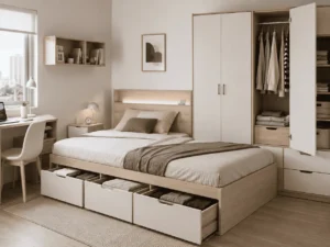 Small space bedroom furniture set with storage bed compact wardrobe desk and bedside storage