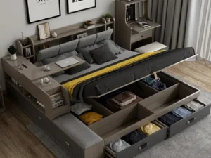 Small space bedroom set with storage bed, designed for Middle Eastern apartments, combining modern design and space-saving functionality.