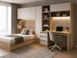Space saving bed and desk set with integrated storage for compact bedrooms