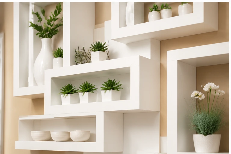Decorative storage function of geometric wall shelves