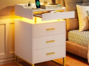 modern LED night stand with charging station and 3 drawers in white and gold