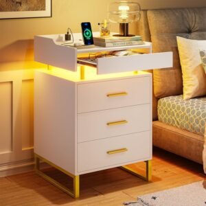 modern LED night stand with charging station and 3 drawers in white and gold