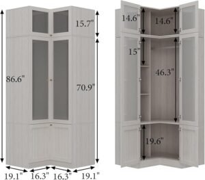 White corner wardrobe closet for small bedrooms with hanging rods and drawers