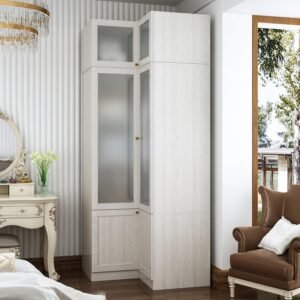 Wooden corner wardrobe closet with shelves and drawers for compact spaces