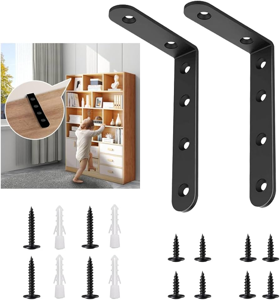 Anti-tip wall anchoring kit installed on a tall bookcase for safety