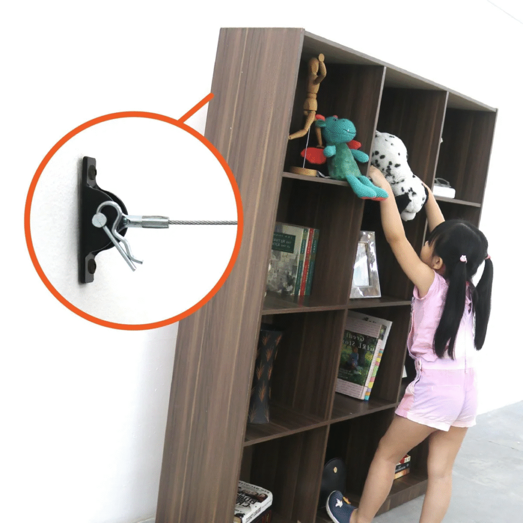 Anti-tip kit and wall anchoring points included with a tall bookcase