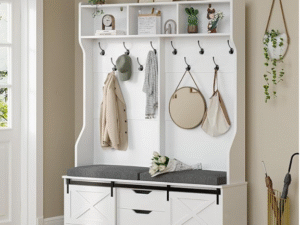 White hall tree entryway furniture with coat hooks cubbies cushioned bench and shoe cabinet shoe rack storage