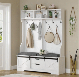 White hall tree entryway furniture with coat hooks cubbies cushioned bench and shoe cabinet shoe rack storage