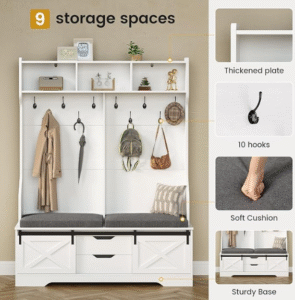 Hall tree entryway furniture with 9 storage spaces shoe cabinet shoe rack 10 hooks and cushioned bench