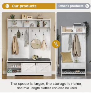 Entryway furniture comparison showing larger storage shoe cabinet bench with coat hooks vs smaller hall tree