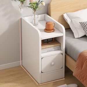 big nightstand and thin bedside drawers next to different bed sizes