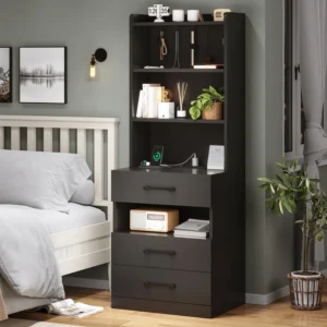 Black wood night stand with storage drawers and contemporary decor.