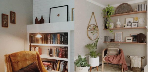 Modern open bookcase and book shelving display in a bright living room styled with books and decor