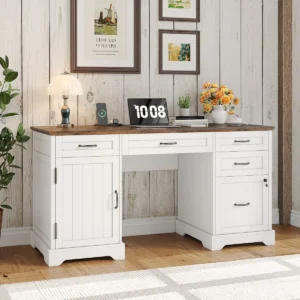 Farmhouse executive home office desk in room setting with white base and rustic wood top, drawers and cabinet storage