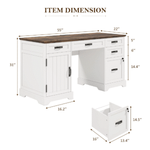 Home office desk item dimensions diagram showing 55” width 22” depth 31” height and drawer measurements