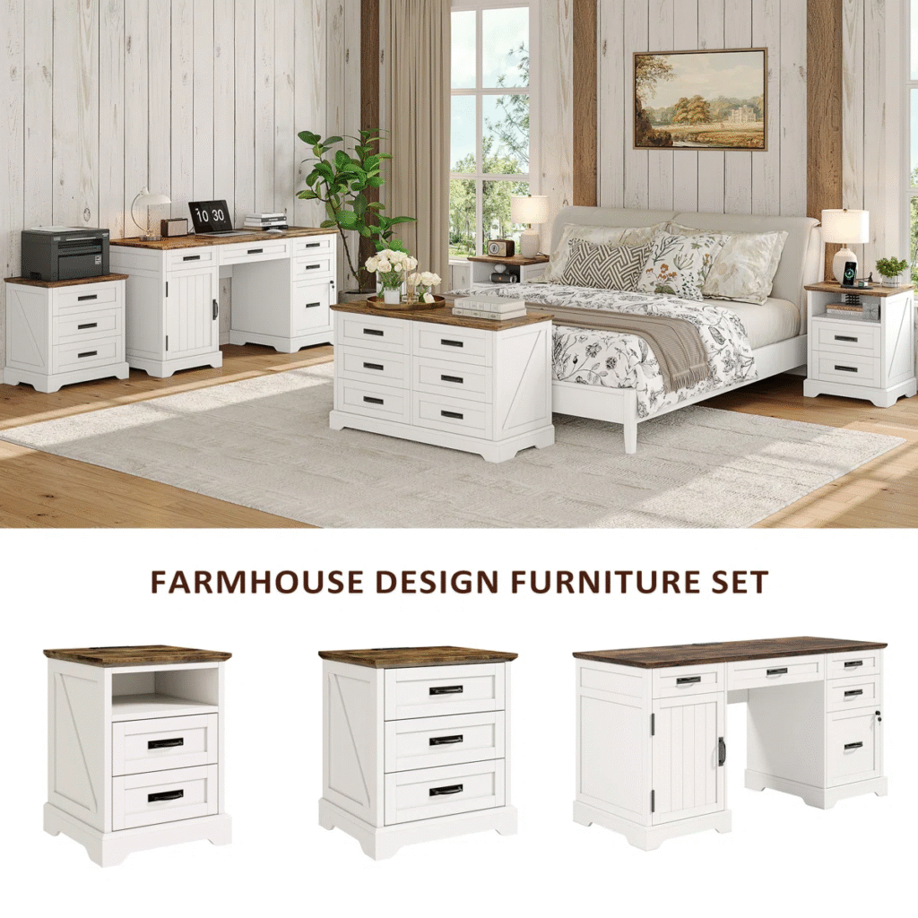 Farmhouse design furniture set featuring matching home office desk, nightstands and storage pieces in white and rustic wood top