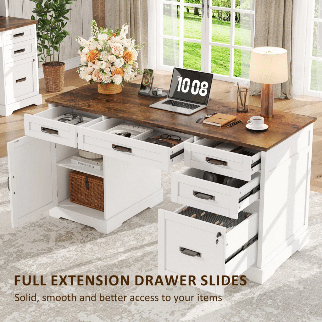 White farmhouse executive desk with rustic wood top, multiple full-extension drawers, file storage and built-in power access; home office setup with laptop and lamp.