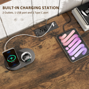 Built-in charging station on home office desk with 2 power outlets, 1 USB port and 1 Type-C port