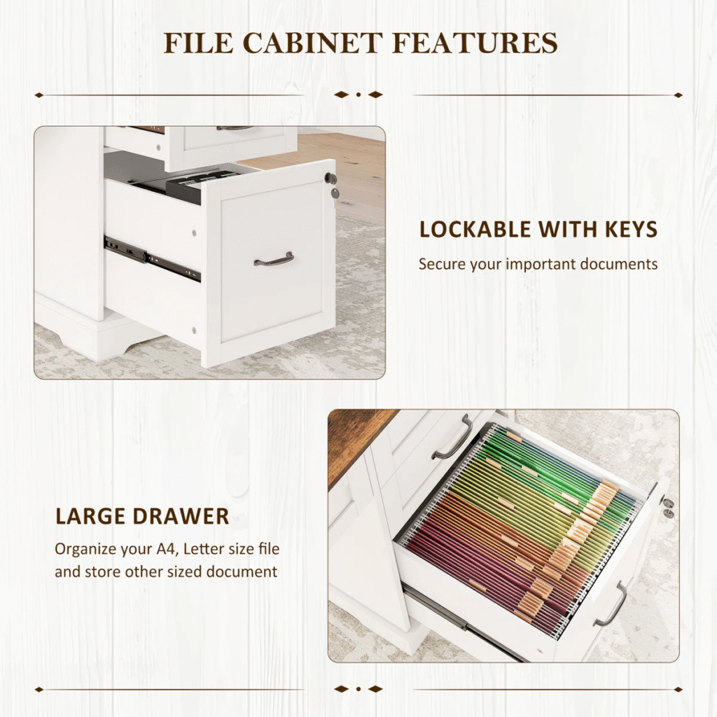 Storage wall shelf compartments for books and binders above home office desk, organized office furniture for home