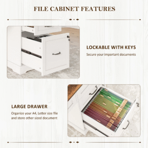 Storage wall shelf compartments for books and binders above home office desk, organized office furniture for home