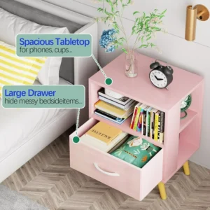 Colorful kids night stand with storage space in a playful bedroom.