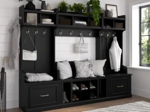 Black entryway furniture set with shoe rack cubbies, shoe cabinet drawers, coat hooks and top shelves