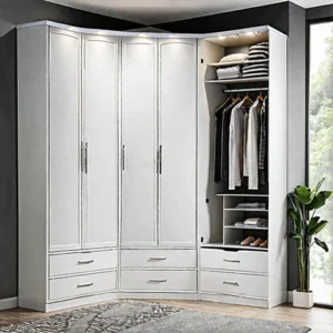 Custom corner wardrobe closet for small bedrooms, made of high-quality plywood, with hanging space, drawers, and shelves, available in wood or white finish