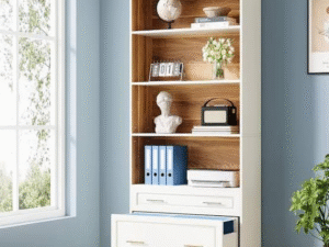 Filing bookcase tower with deep drawer for home office furniture storage (RTA flat-pack)