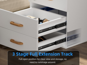 Hardware options include full-extension slides and soft-close upgrade for daily high-frequency use.