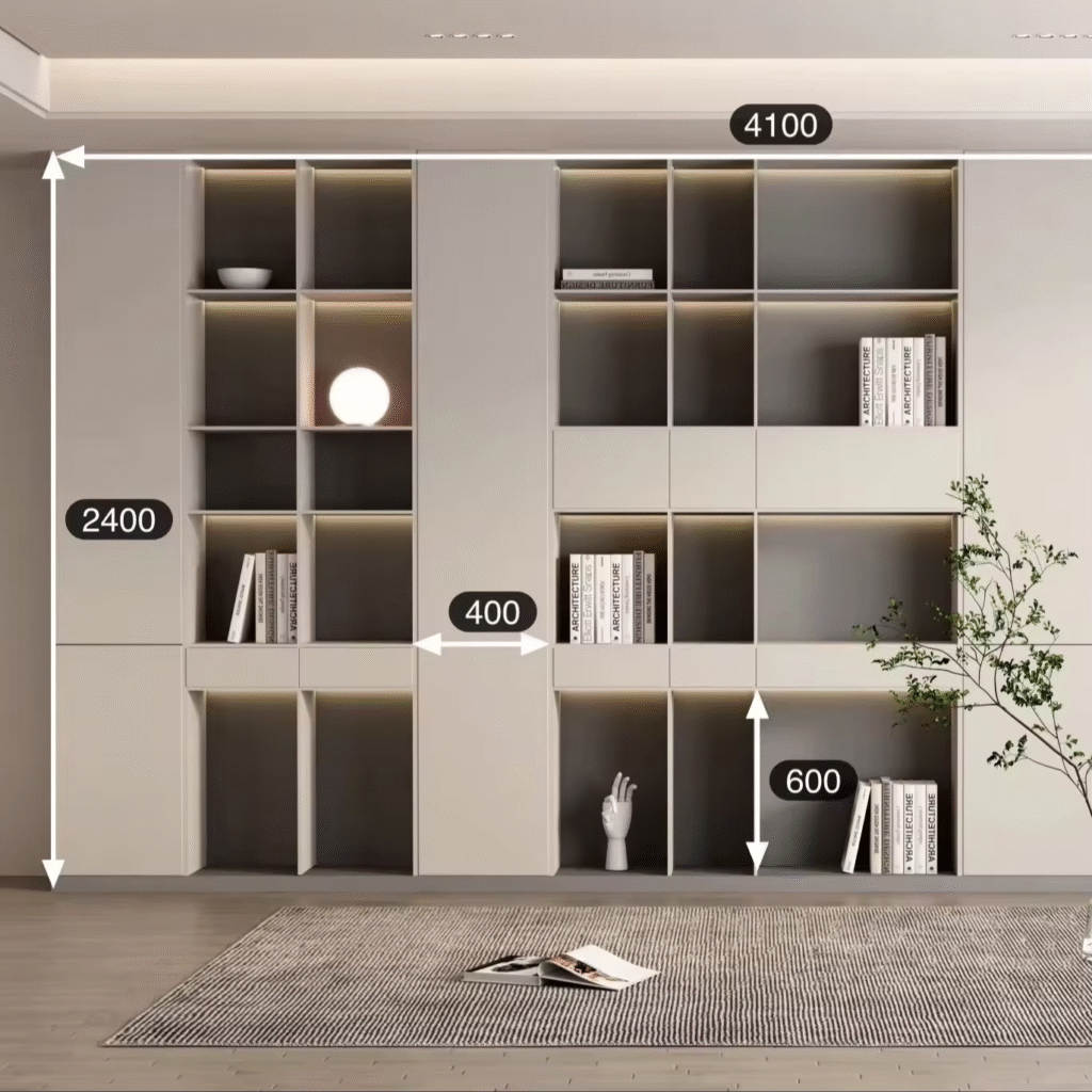 Collage of black corner bookcase, open bookcase, leaning bookcase, and floating shelf bookcase