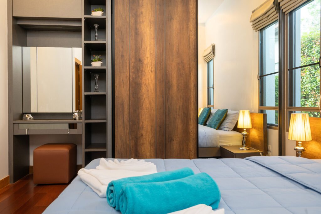 eco-friendly engineered wood furniture in modern apartment, sustainable design