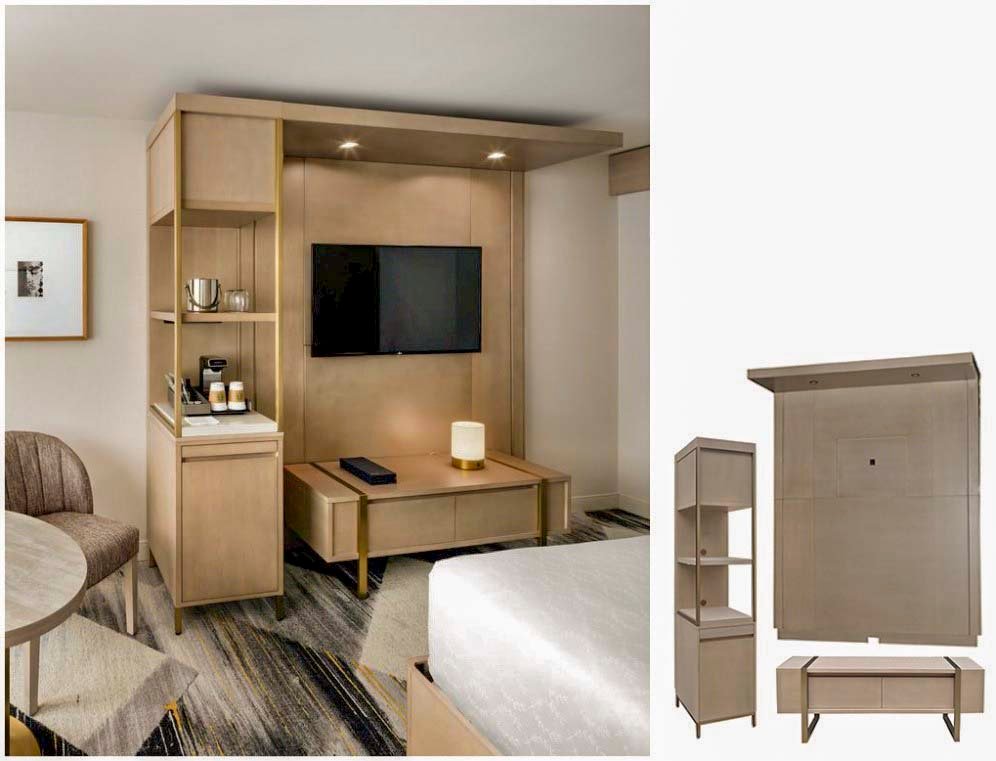 Engineered wood, such as plywood and MDF, used for hotel bedroom furniture.