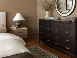 beige nightstand and black modern nightstand with colorful nightstands in a bedroom
