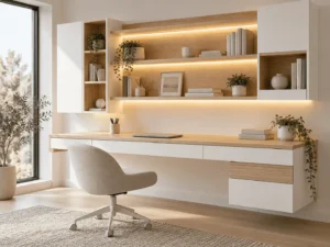 LED floating desk with shelves and drawers featuring illuminated wall shelving, oak-look engineered wood panels and modern home office storage