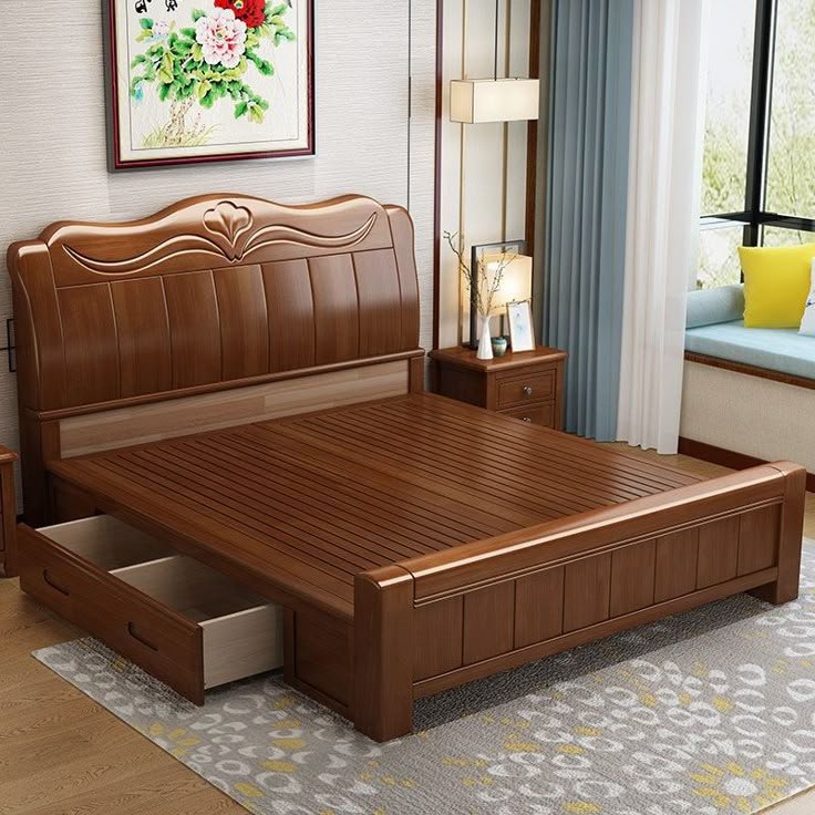 solid wood bed frame with elegant headboard, ideal for luxury apartments