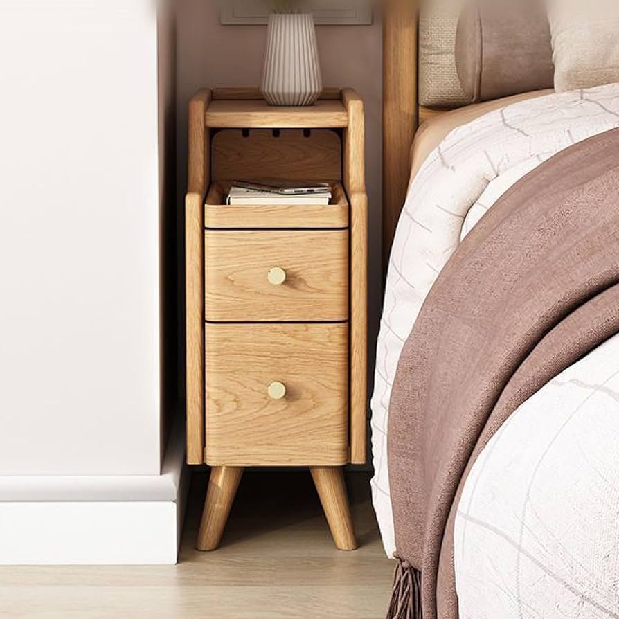 mid century nightstands and Scandi bedside cabinets in natural wood tones