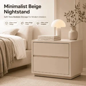 Minimalist beige nightstand in a warm neutral bedroom